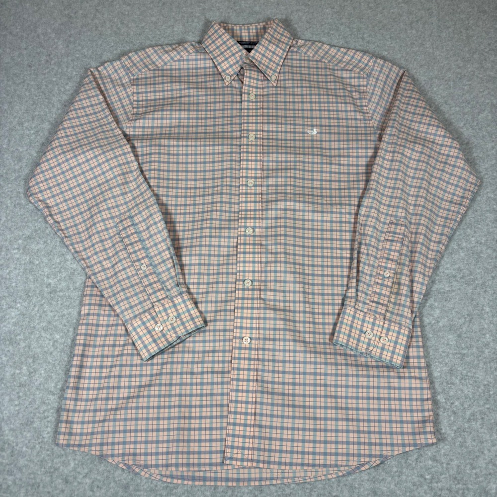 Southern Marsh Performance Button Down Mens Small Peach Blue Plaid Long Sleeve